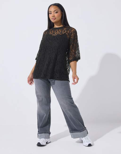 Yours Clothing Lace t-shirt in black, 4 of 4