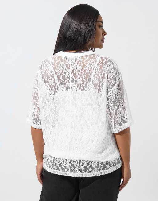 Yours Clothing Lace t-shirt in white, 3 of 4