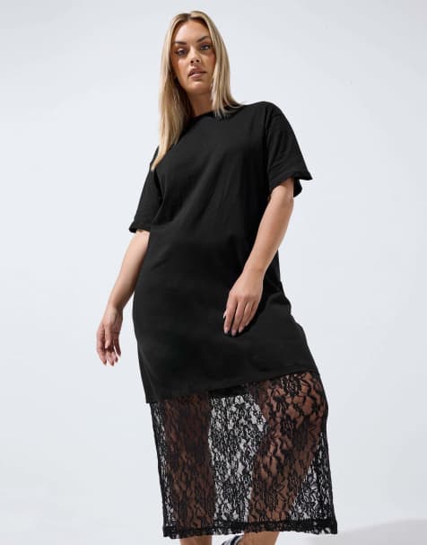 Yours Clothing Lace trim maxi dress in black - view 1