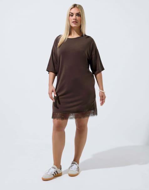 Yours Clothing Lace trim mini dress in brown - view 1