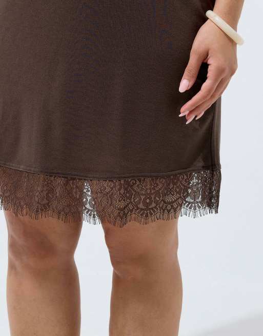Yours Clothing Lace trim mini dress in brown, 4 of 4