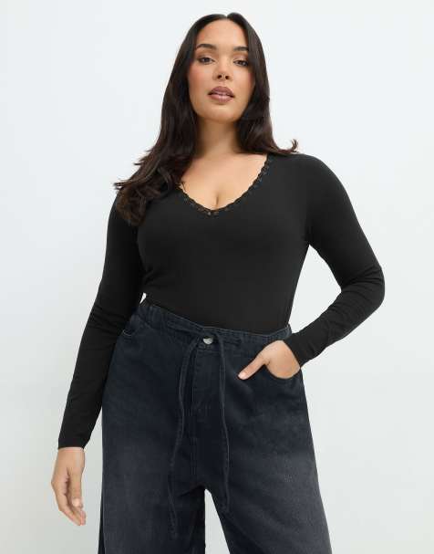 Yours Clothing Lace v-neck long sleeve bodysuit in black - view 1