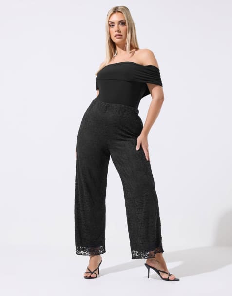 Yours Clothing Lace wide leg trousers in black - view 1