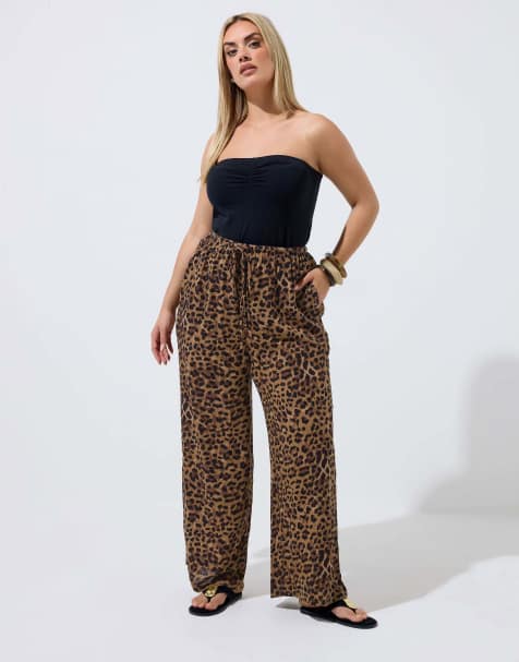 Yours Clothing Leopard crinkle wide leg trousers in brown - view 1