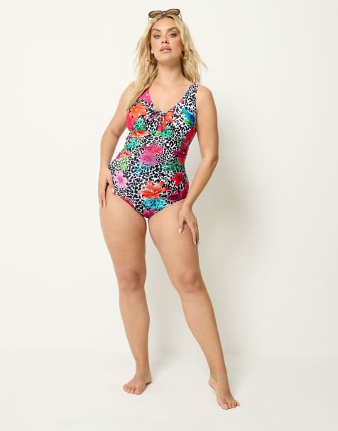Yours Clothing Leopard floral lace up swimsuit in black - view 1