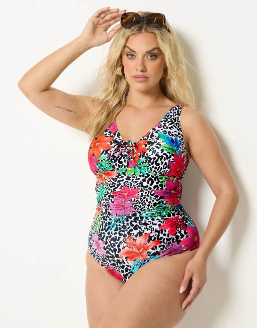 Yours Clothing Leopard floral lace up swimsuit in black, 2 of 4