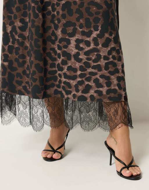 Yours Clothing Leopard lace trim skirt in brown, 4 of 4