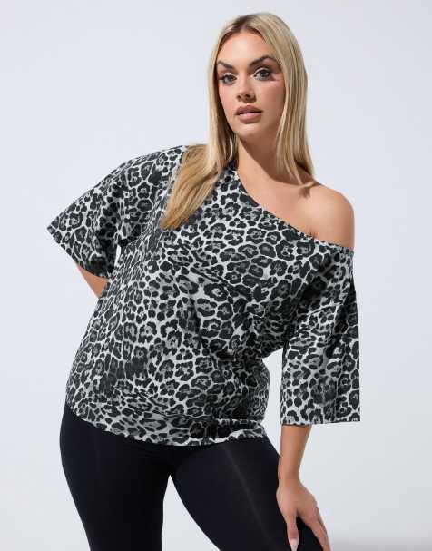Yours Clothing Leopard off shoulder tee in grey - view 1