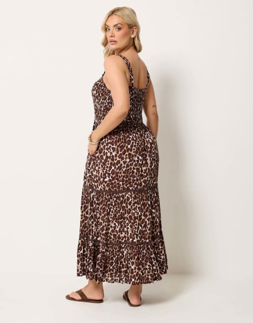 Yours Clothing Leopard placket maxi dress in brown, 3 of 4