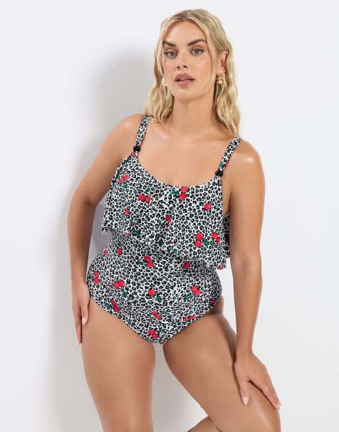 Yours Clothing Leopard print frill swimsuit in black - view 1
