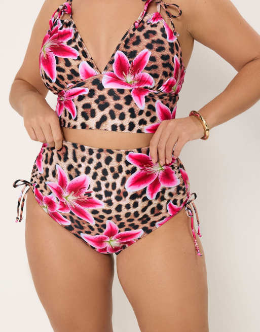 Yours Clothing Leopard print high waisted tummy control bikini briefs in brown, 2 of 4