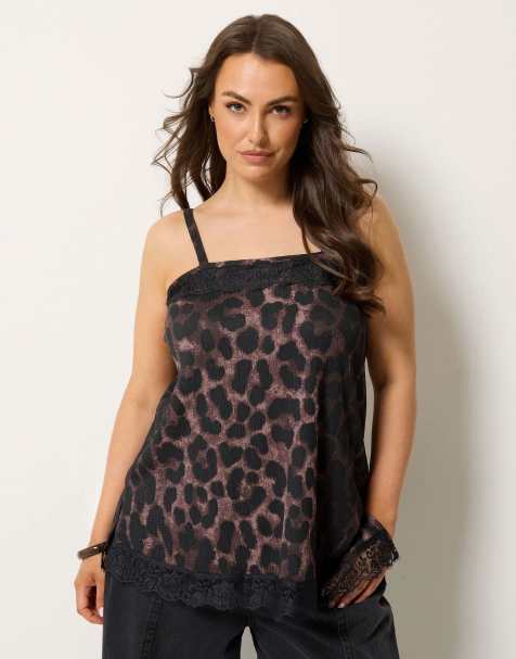 Yours Clothing Leopard print lace trim vest top in brown - view 1