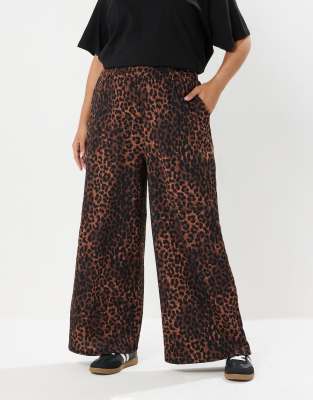 Yours Clothing Leopard print wide leg trousers in brown
