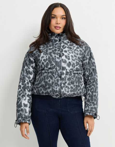 Yours Clothing Leopard puffer jacket in grey - view 1