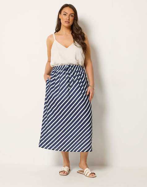 Yours Clothing Linen look stripe skirt in blue