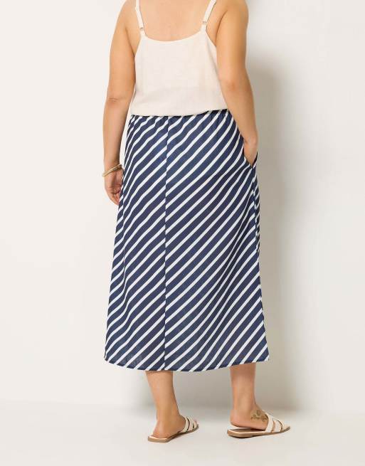 Yours Clothing Linen look stripe skirt in blue, 2 of 4