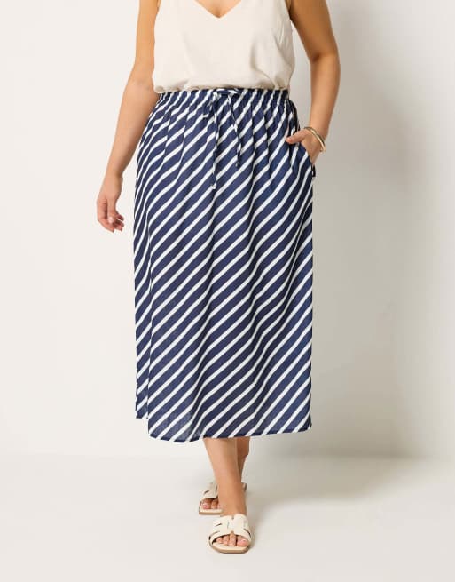 Yours Clothing Linen look stripe skirt in blue, 3 of 4