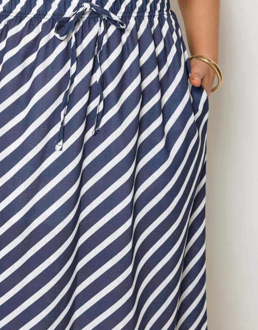 Yours Clothing Linen look stripe skirt in blue, 4 of 4