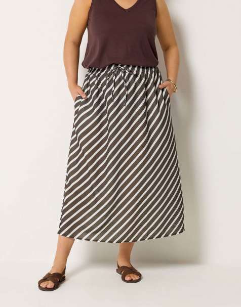 Yours Clothing Linen look stripe skirt in brown - view 1