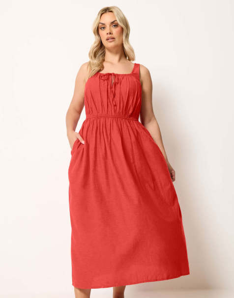 Yours Clothing Linen milkmaid dress in red - view 1