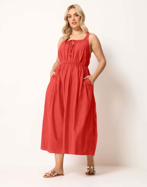 Yours Clothing Linen milkmaid dress in red, 2 of 4