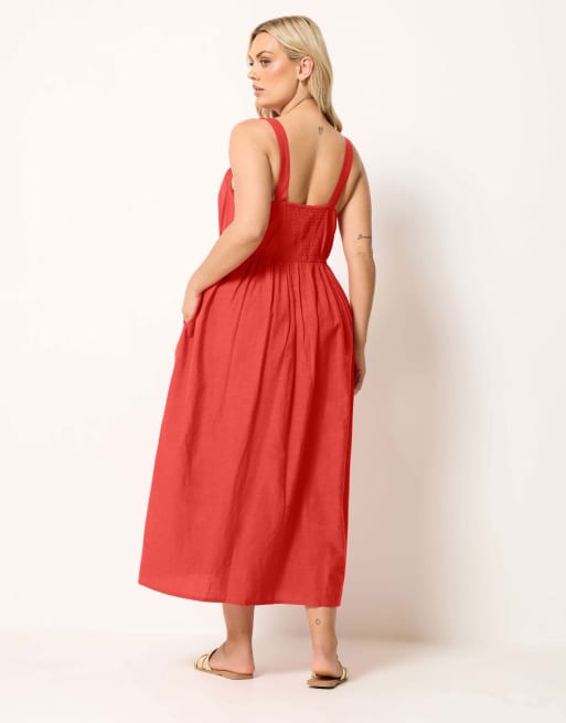 Yours Clothing Linen milkmaid dress in red, 3 of 4
