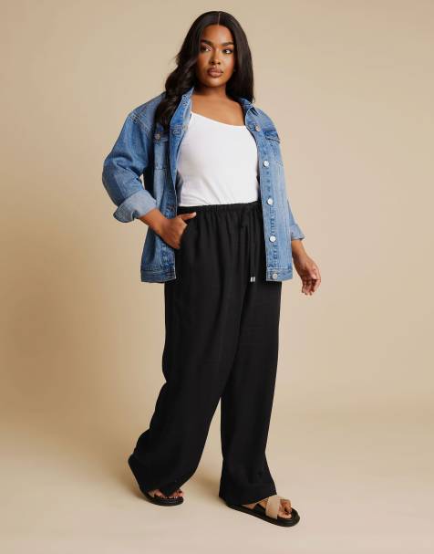 Yours Clothing Linen tie front trousers in black - view 1
