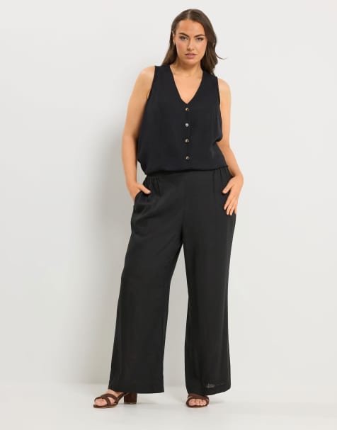 Yours Clothing Linen wide leg trousers in black - view 1