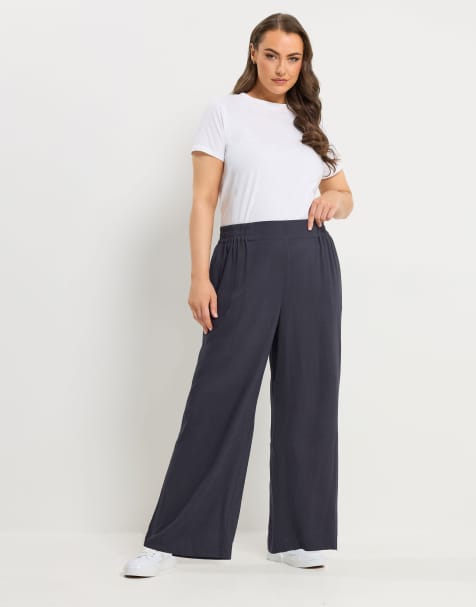 Yours Clothing Linen wide leg trousers in blue