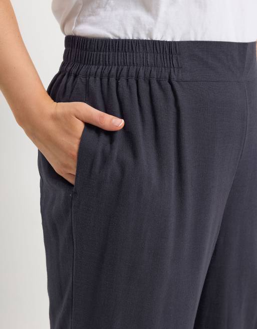 Yours Clothing Linen wide leg trousers in blue, 3 of 4