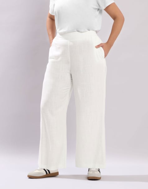 Yours Clothing Linen wide leg trousers in white