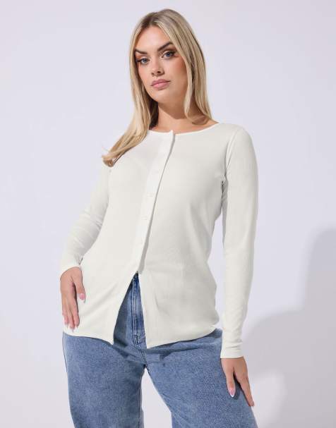 Yours Clothing Long sleeve ribbed top in white