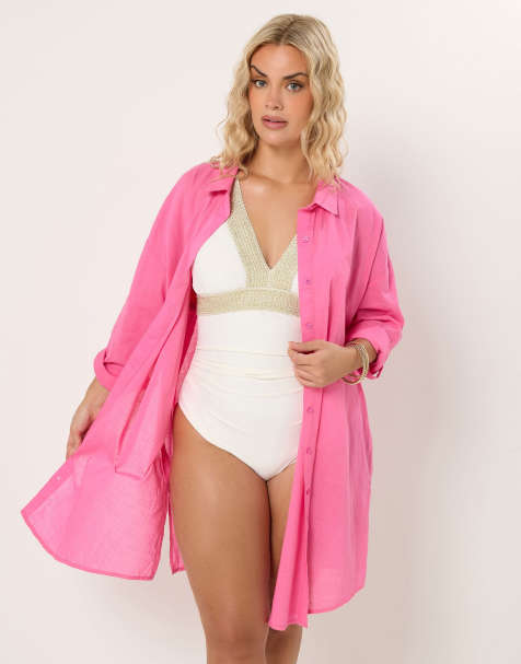 Yours Clothing Longline beach shirt in pink - view 1