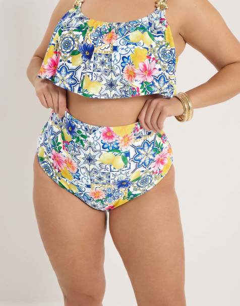 Yours Clothing Mediterranean super high waisted bikini briefs in white - view 1