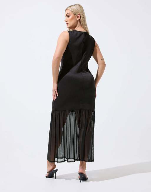 Yours Clothing Mesh trim maxi dress in black, 2 of 4
