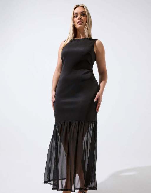 Yours Clothing Mesh trim maxi dress in black, 4 of 4