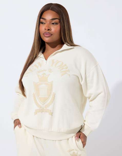 Yours Clothing 'new york' quarter zip sweatshirt in natural - view 1