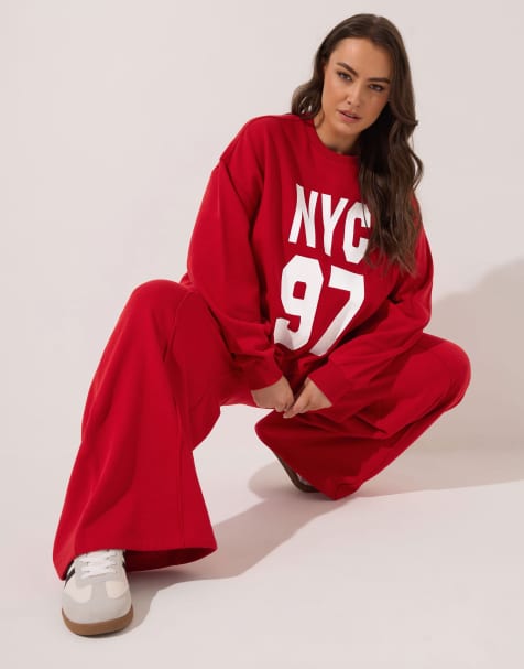 Yours Clothing 'nyc 97' slogan sweatshirt in red