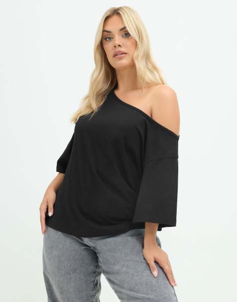 Yours Clothing Off shoulder cotton t-shirt in black - view 1