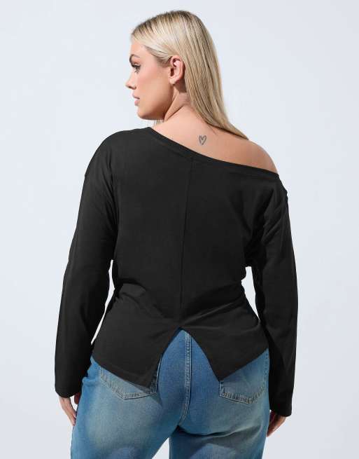 Yours Clothing Off shoulder long sleeve top in black, 3 of 4