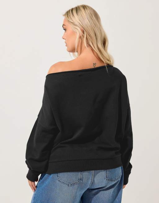 Yours Clothing Off shoulder sweatshirt in black, 4 of 4