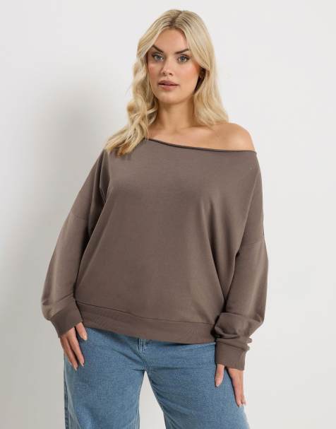 Yours Clothing Off shoulder sweatshirt in brown - view 1