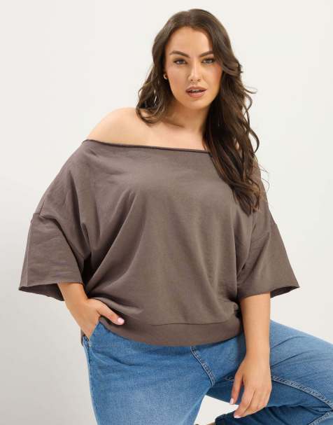 Yours Clothing Off shoulder sweatshirt in brown - view 1