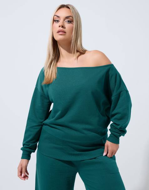 Yours Clothing Off shoulder sweatshirt in green - view 1