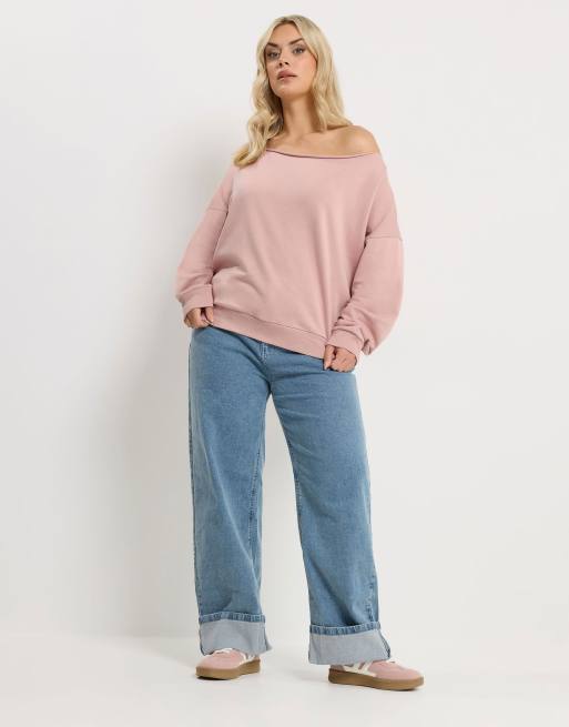 Yours Clothing Off shoulder sweatshirt in pink, 2 of 4
