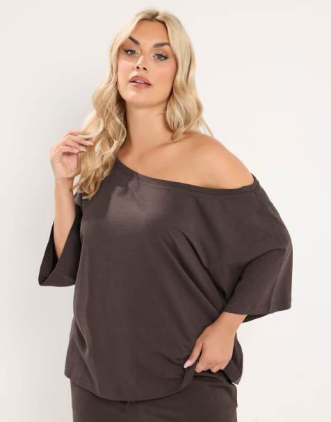 Yours Clothing Off shoulder tee in brown - view 1