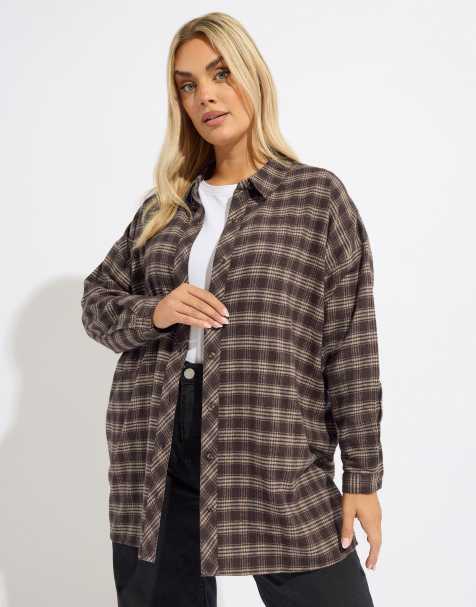 Yours Clothing Oversized check shirt in brown - view 1