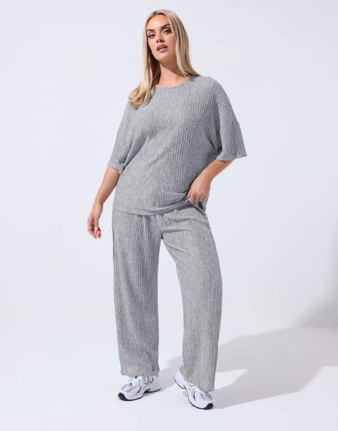 Yours Clothing Plisse wide leg trousers in grey - view 1