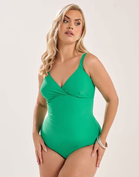 Yours Clothing Plunge neckline corset swimsuit in green - view 1