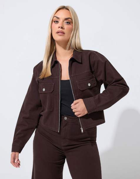 Yours Clothing Pocket denim jacket in brown - view 1